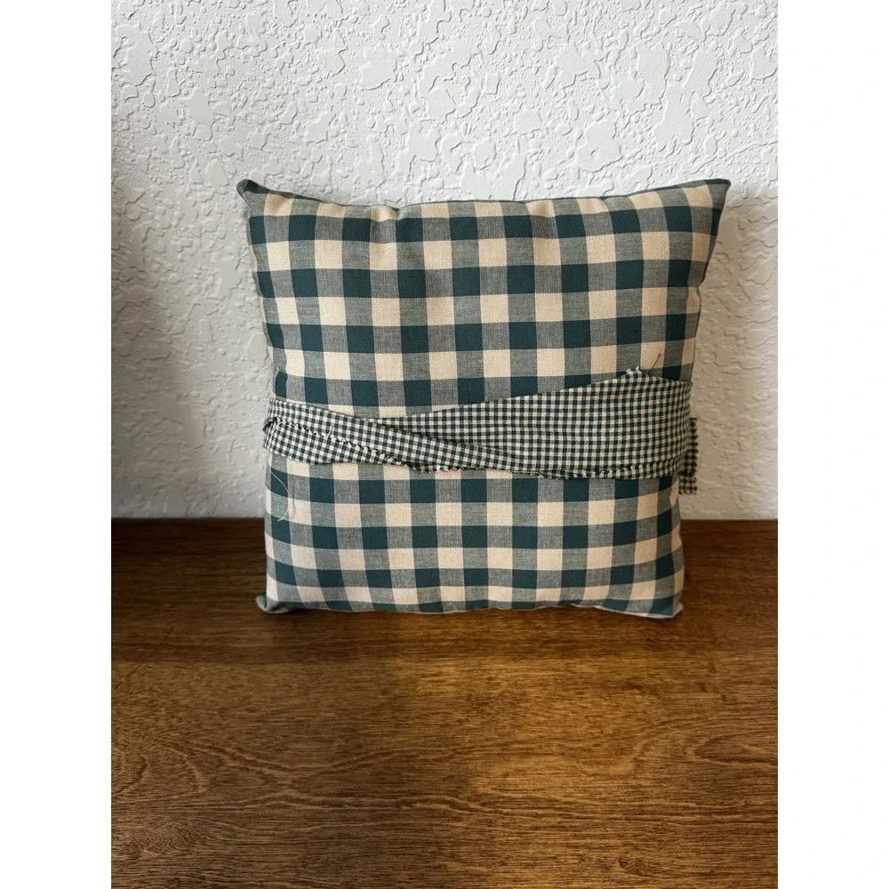 Vintage Handmade Doily Throw Pillow Green Checkered Grandma Cottage Core
